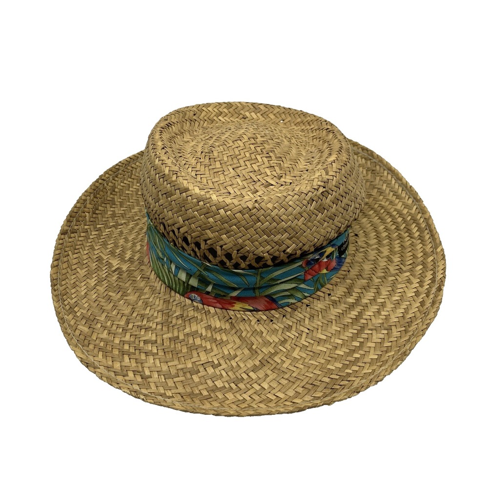 Panama Jack Straw Sun Hat Wide Brim Tropical Parrot Band Made in USA Small